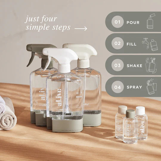The Al.ive Home Cleaning Starter Kit, featuring three refillable 450ml bottles, each paired with 50ml cleaning concentrates for All Purpose, Bathroom, and Glass & Mirror cleaning. The kit includes three microfibre cloths, three bottle stations with connectors for customizable organization, and a sleek, modern design displayed on a clean countertop. The eco-friendly packaging is made with 30% post-consumer recycled plastic, showcasing a sustainable and effective cleaning solution.