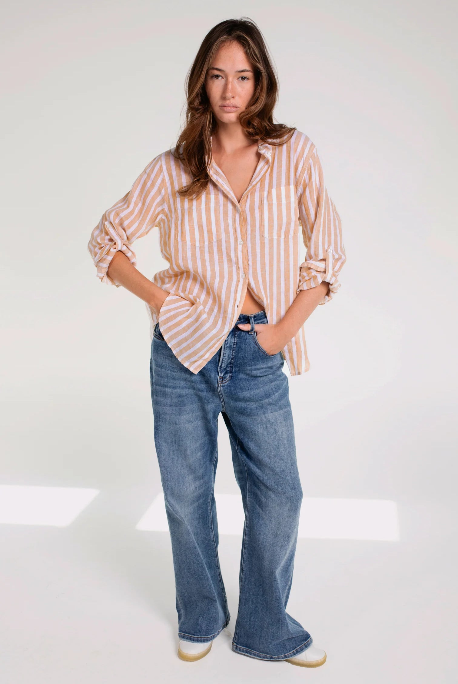 Boyfriend Linen Shirt - Honeycomb Stripe, oversized fit, 100% Organic Belgian Linen, soft-washed for comfort. A breathable, timeless shirt perfect for travel.