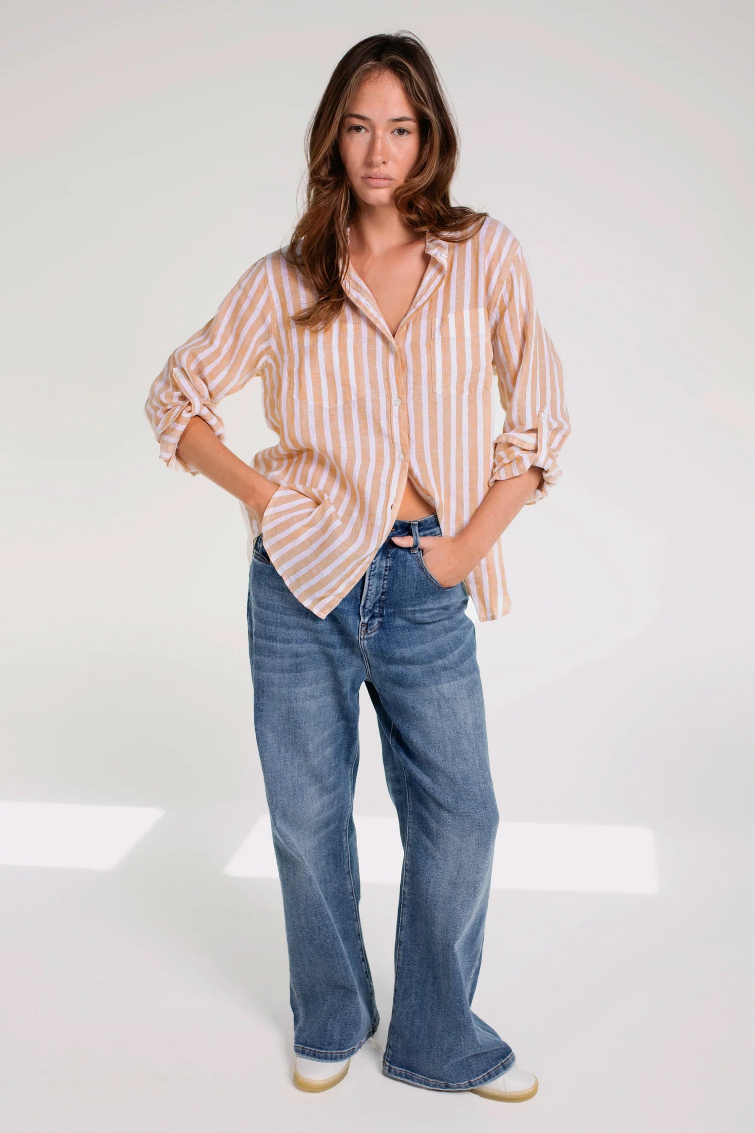 Boyfriend Linen Shirt - Honeycomb Stripe, oversized fit, 100% Organic Belgian Linen, soft-washed for comfort. A breathable, timeless shirt perfect for travel.