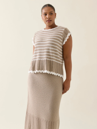 A lightweight, 100% cotton knit top in a soft canvas color, featuring a delicate pointelle texture with subtle horizontal stripes. The top has a relaxed silhouette with scalloped edges along the neckline, sleeves, and hem. A keyhole opening with a tie closure accents the back, adding a refined, feminine detail