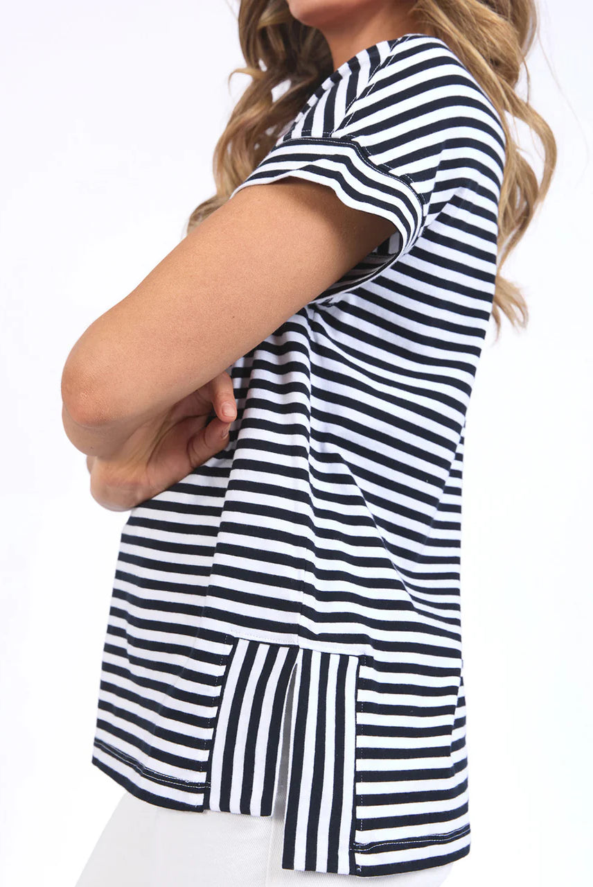 Navy and white striped Jarrah Short Sleeve Tee by Elm with a pink contrast neckline, relaxed fit, cuffed sleeves, and side splits.