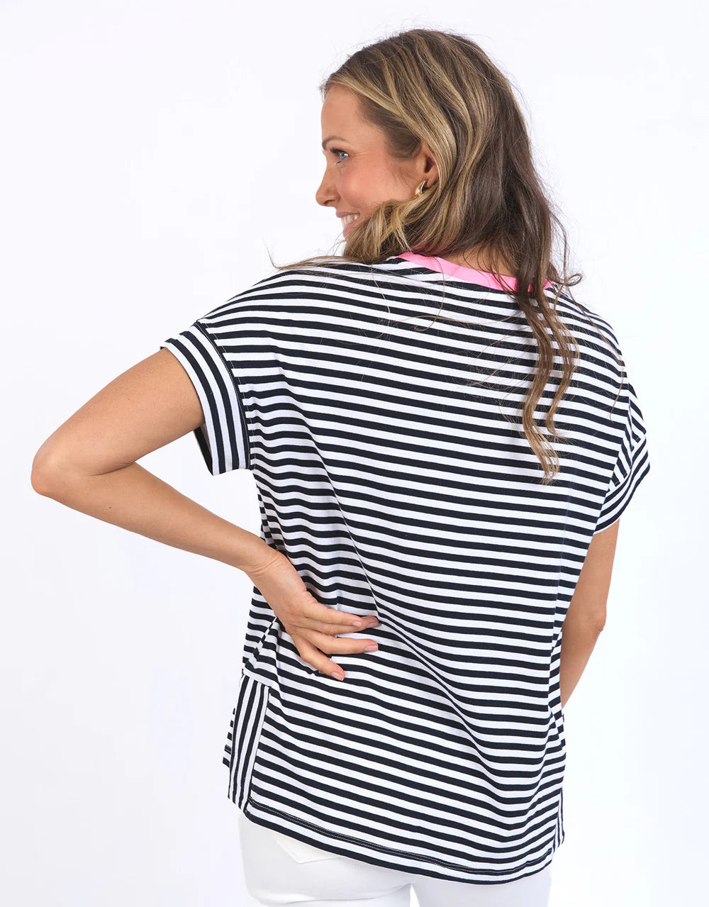 Navy and white striped Jarrah Short Sleeve Tee by Elm with a pink contrast neckline, relaxed fit, cuffed sleeves, and side splits.