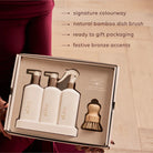Kitchen Rituals Gift Set – Lemon Myrtle & Honeydew featuring Dishwashing Liquid, Bench Spray, Hand Wash, and natural bamboo dish brush in a Crisp White set.