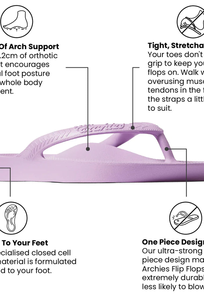 Lilac arch support thongs with contoured footbeds and ergonomic straps for enhanced comfort and stability.