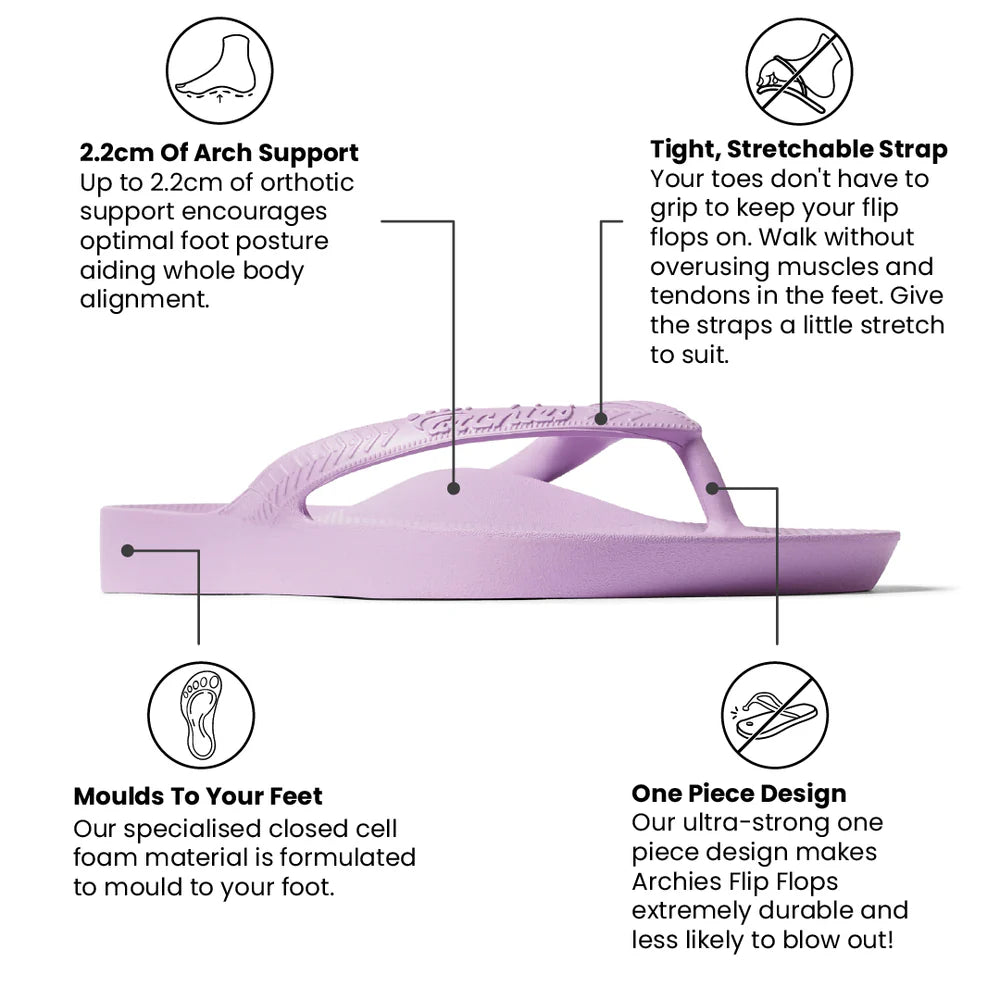 Lilac arch support thongs with contoured footbeds and ergonomic straps for enhanced comfort and stability.
