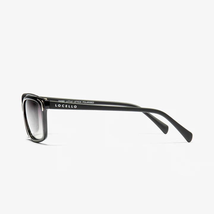 A side view of a pair of Little Leticia Black UV Rays Sunglasses by Locello