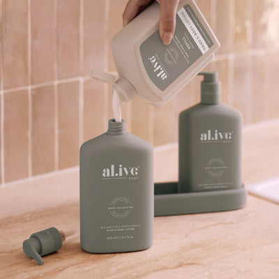 al.ive 650ml Lotion Refill in Willow Gum & Lemon Myrtle, designed to refill the existing 500ml Hand & Body Lotion bottle.