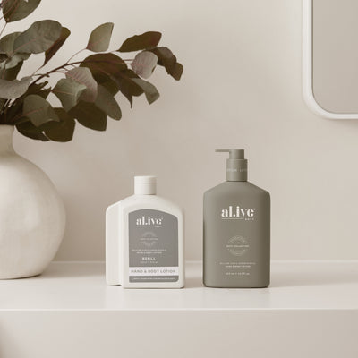 al.ive 650ml Lotion Refill in Willow Gum & Lemon Myrtle, designed to refill the existing 500ml Hand & Body Lotion bottle.