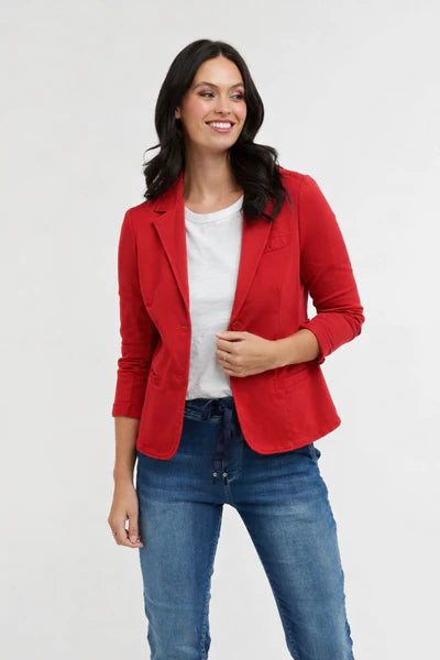 Scarlet blazer-style jacket with a pointed lapel, two-button fastening, mock pockets, and long sleeves in a soft, lightweight fabric.