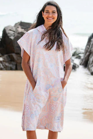 The Malua Surf Poncho is a sand-free, super-absorbent, quick-drying hooded towel. Lightweight, antibacterial, and soft, with a pocket and optional waist tie.