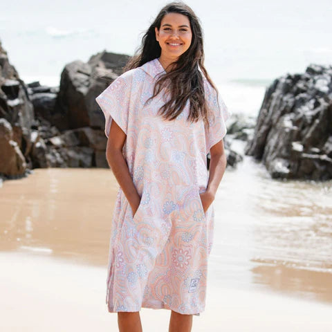 The Malua Surf Poncho is a sand-free, super-absorbent, quick-drying hooded towel. Lightweight, antibacterial, and soft, with a pocket and optional waist tie.