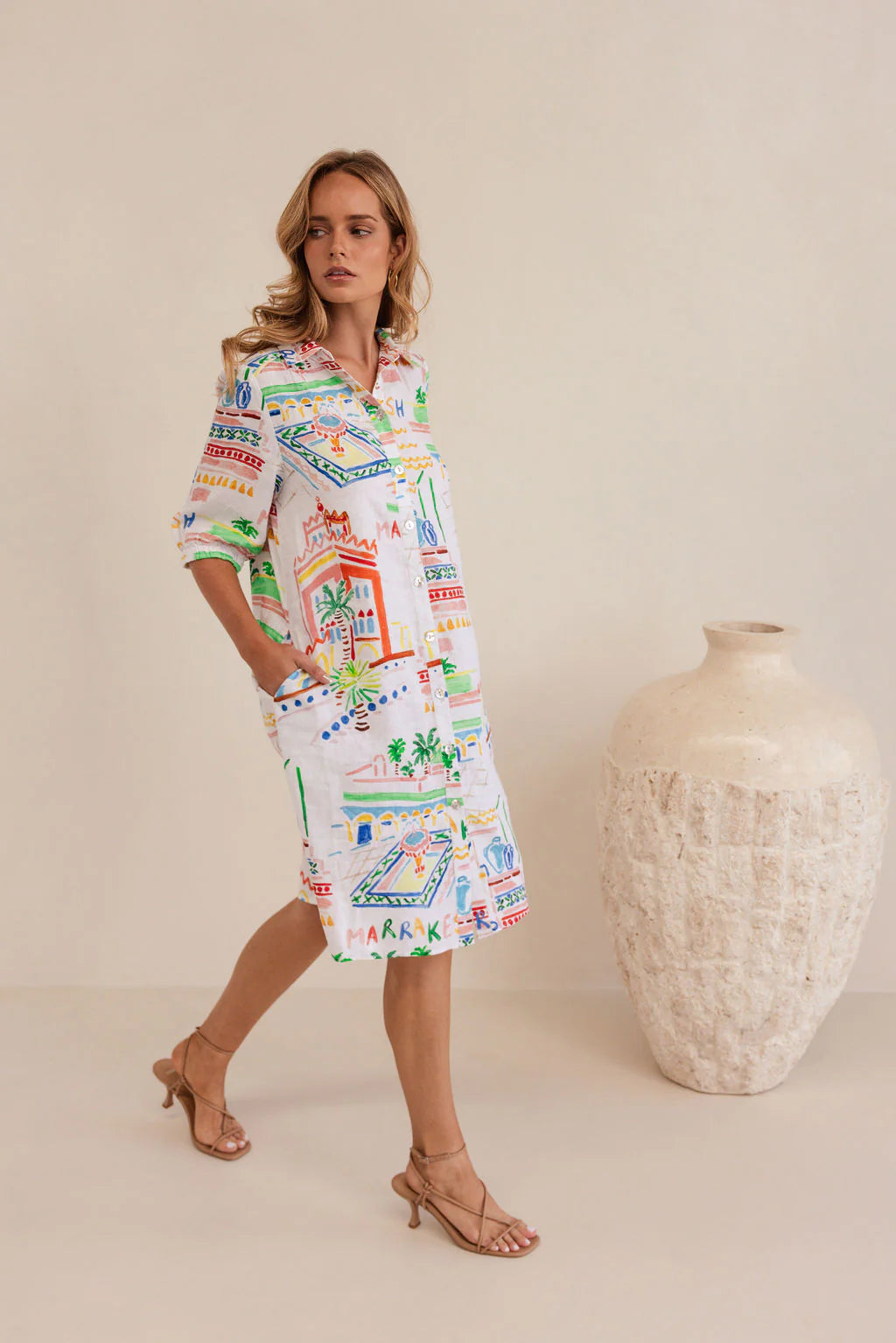 Kaleido Shirtmaker Dress in Marrakesh with a relaxed shirt-inspired silhouette, button-front closure, structured collar, and flowing midi hem.