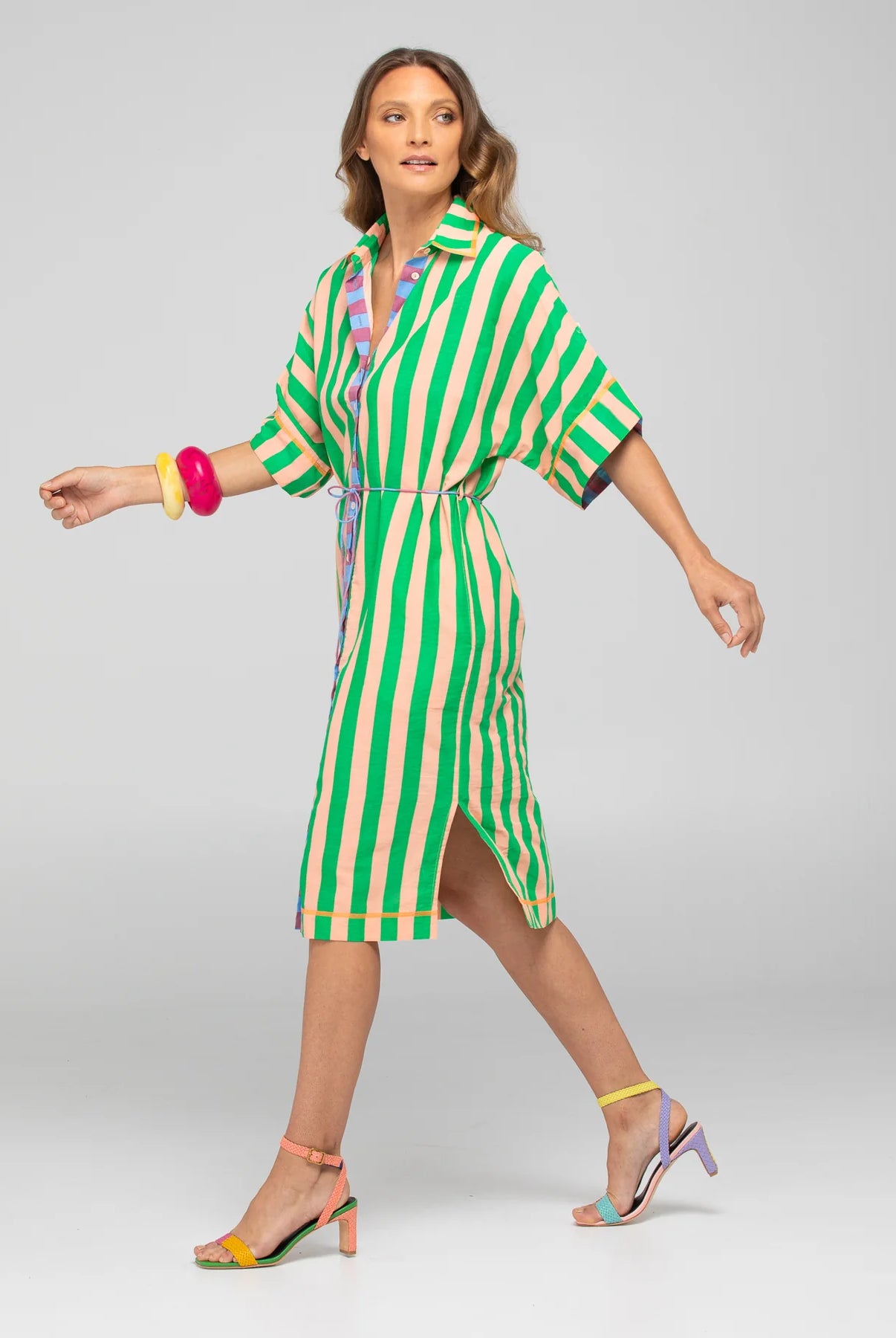 Boom Shankar Maui Shirt Dress in Capri Peach, featuring a belted waist, button-down front, structured collar, and adjustable sleeves.