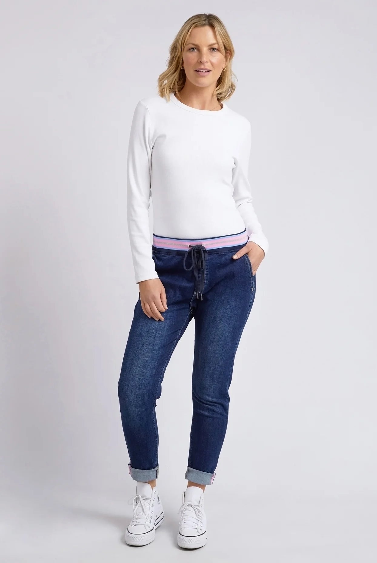 The Indigo Melody Denim Jogger by Elm is currently available at Rawspice Boutique.
