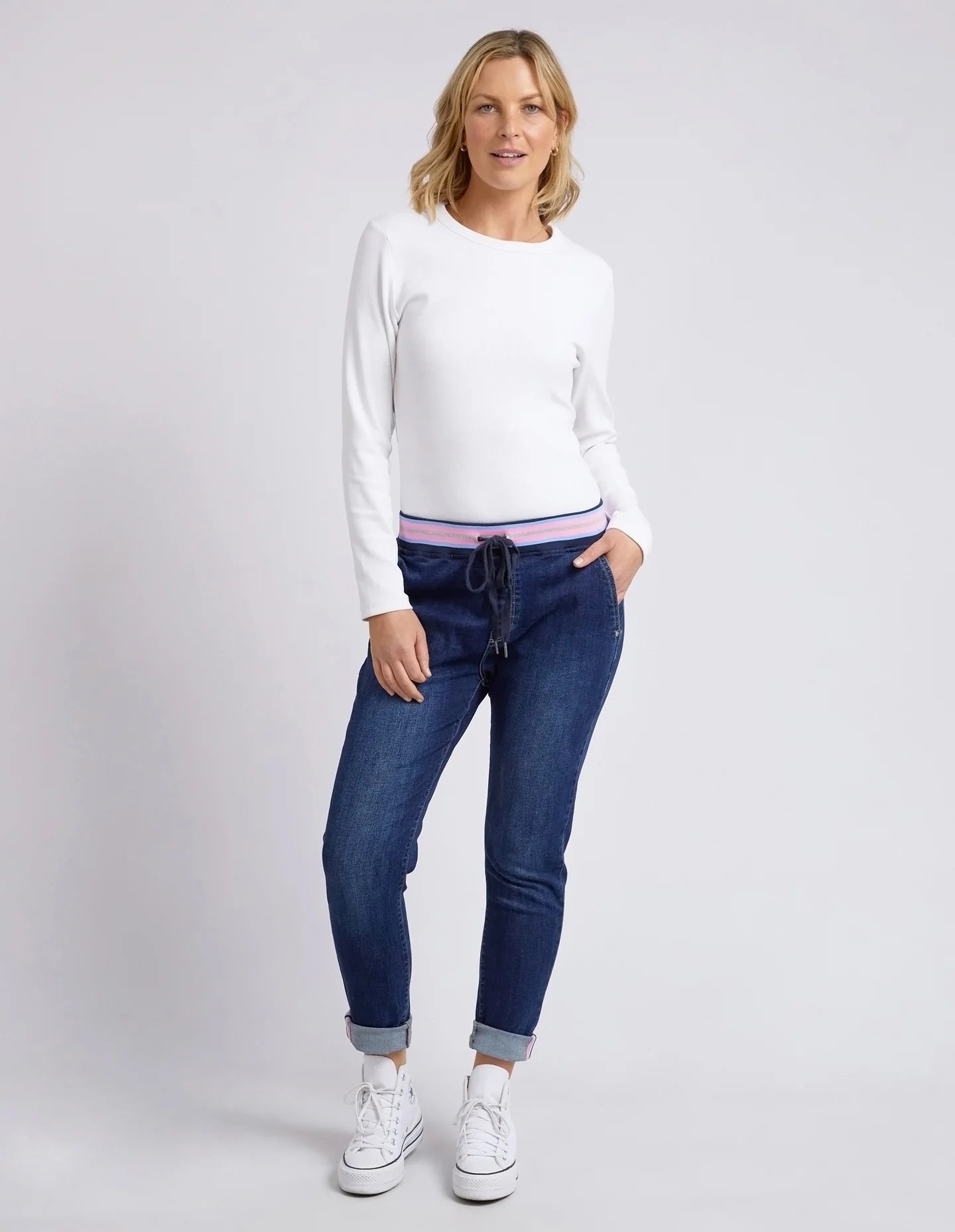 The Indigo Melody Denim Jogger by Elm is currently available at Rawspice Boutique.