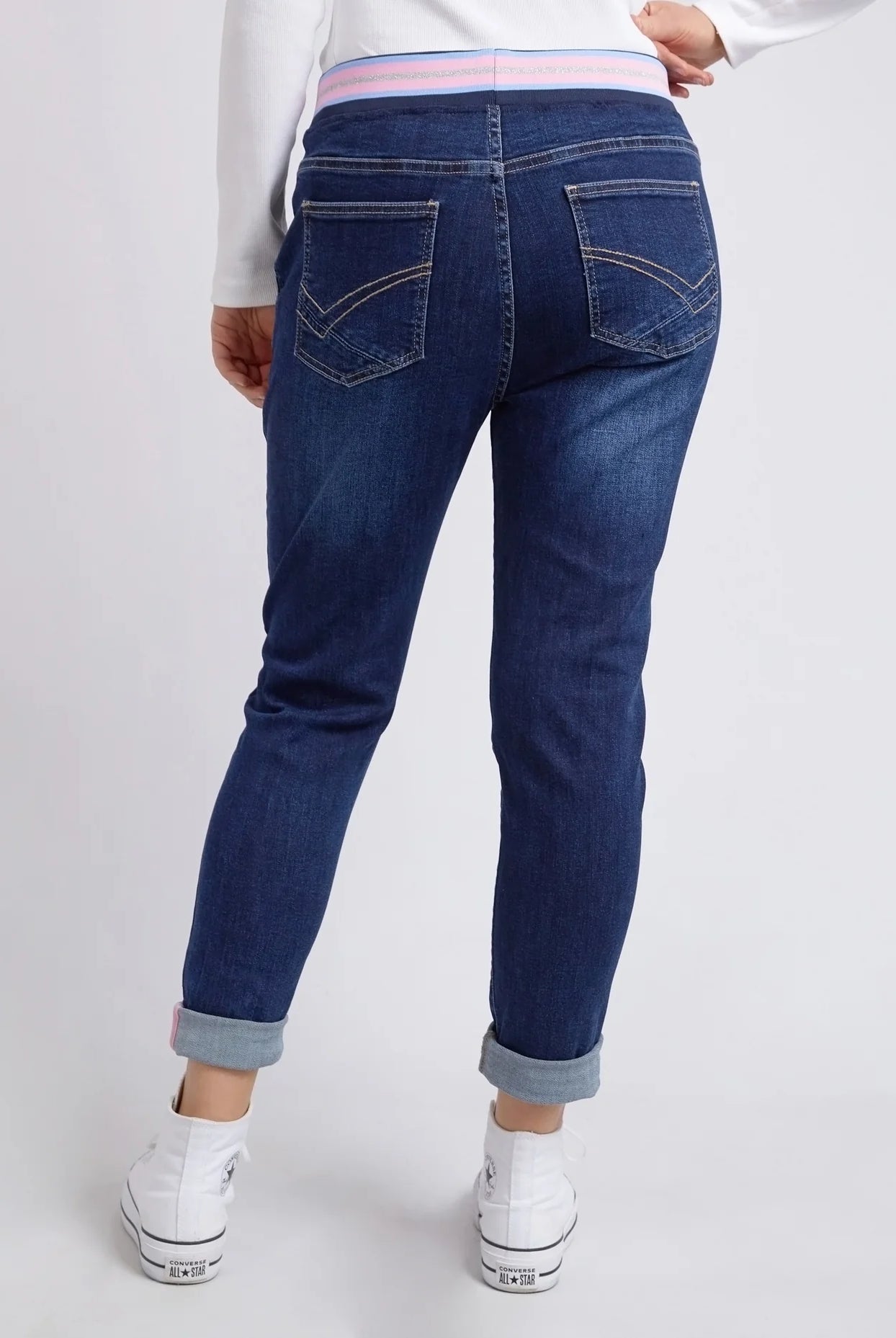The Indigo Melody Denim Jogger by Elm is currently available at Rawspice Boutique.