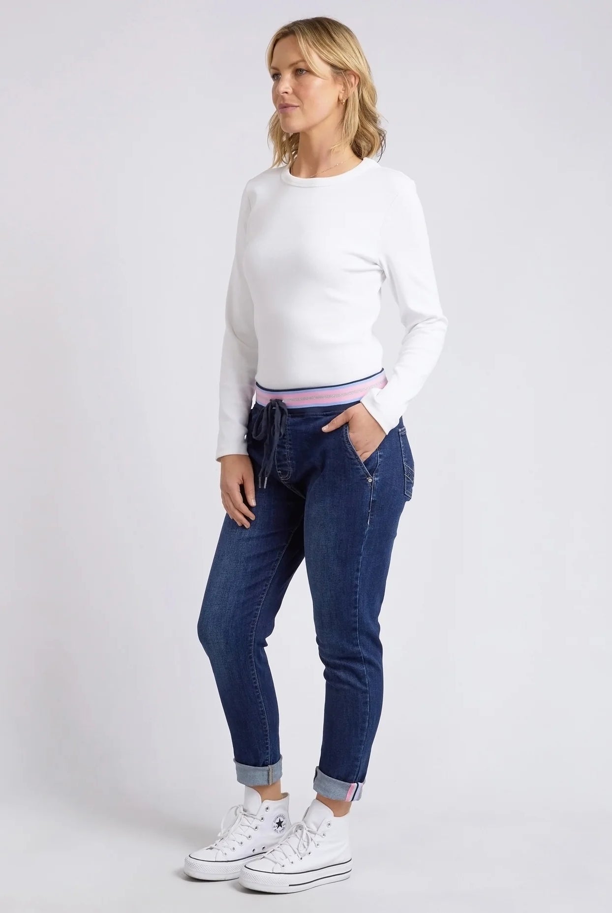 The Indigo Melody Denim Jogger by Elm is currently available at Rawspice Boutique.