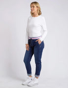 The Indigo Melody Denim Jogger by Elm is currently available at Rawspice Boutique.