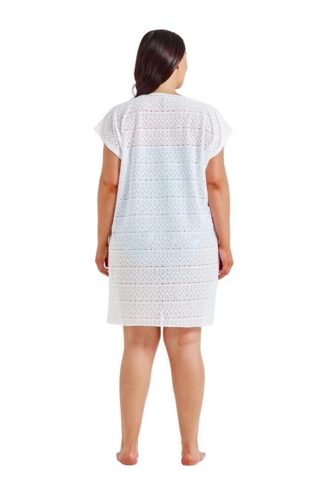 White Mesh Beach Cover-Up – lightweight, knee-length kaftan with a V-neckline and capped sleeves, perfect for layering over swimwear on holiday.
