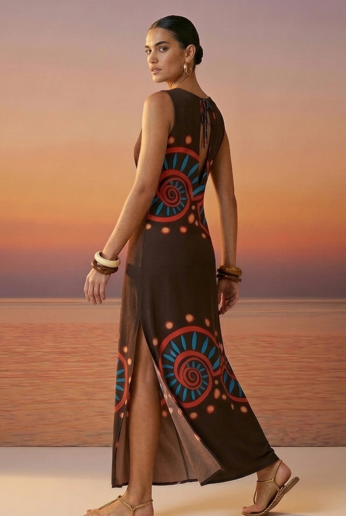 Nautilus Brown women's midi dress in satin crepe, featuring a warm brown Nautilus print, clean neckline and flattering, softly flowing silhouette.