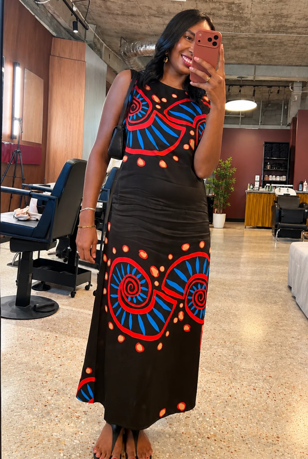 Nautilus Brown women's midi dress in satin crepe, featuring a warm brown Nautilus print, clean neckline and flattering, softly flowing silhouette.