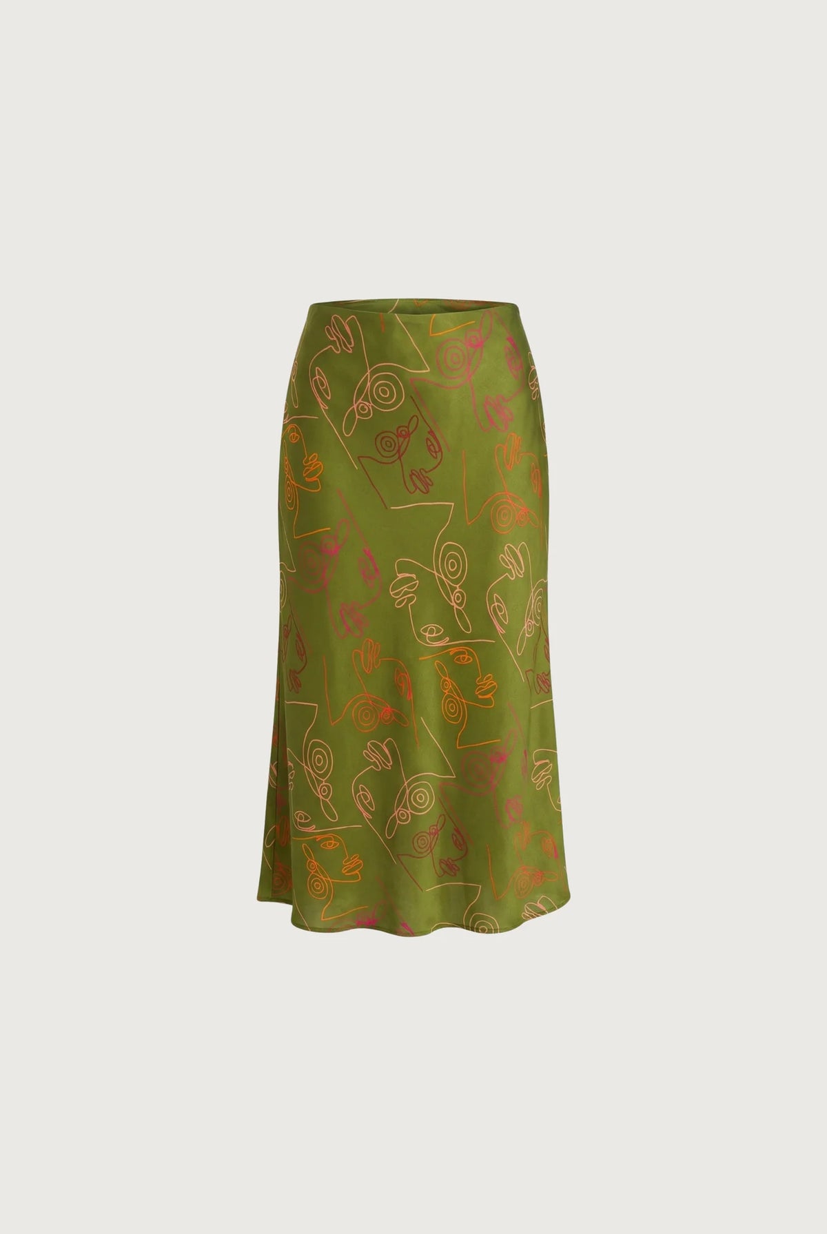 Women's Verdant Bias Midi Skirt in deep olive printed satin crepe, featuring a flattering bias cut, elegant midi length and softly flowing silhouette.