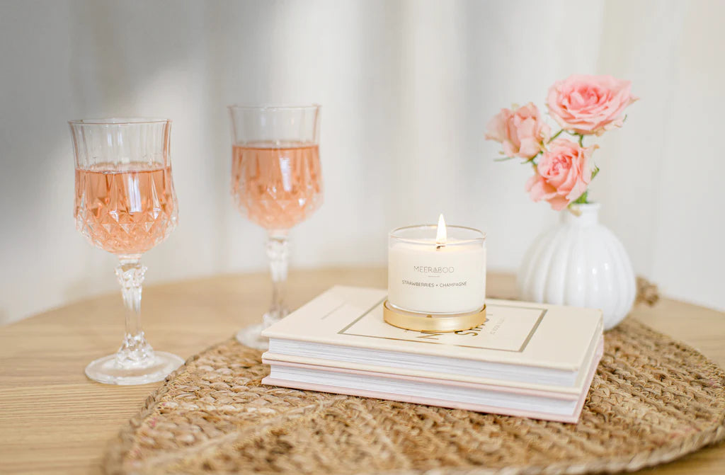 Meeraboo Mini Gold Lid Soy Candle with a brushed gold lid in a reusable glass vessel, hand-poured with soy wax for beautifully scented small spaces.
