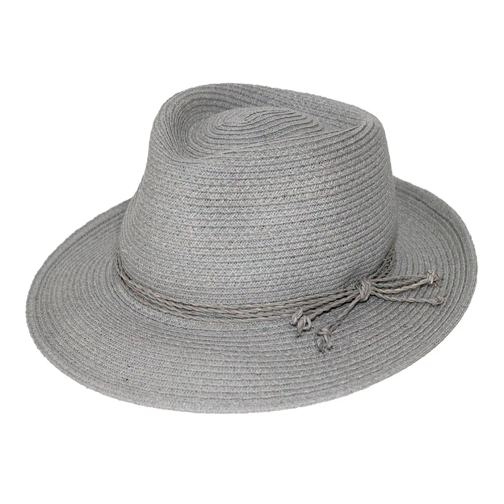 A soft, comfortable Palma Fedora made from natural raffia braid, featuring a 6cm brim, 9cm crown, and a 4-strand raffia headband knotted at the side with a small antique bronze DH stud above. Includes an internal ComfyFit adjuster for a custom fit.
