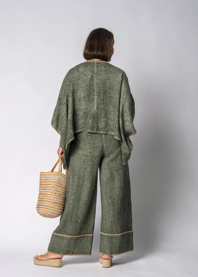 Khaki full-length linen pants made from 100% lightweight, breathable linen. Designed with an airy, relaxed cut for unrestricted movement and all-day comfort, offering a clean, timeless look suitable for warm-weather wear