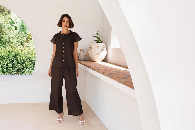 Elastic Waist Wide Leg Ramie Pant in espresso, featuring a relaxed wide-leg silhouette, elastic drawstring waist and lightweight, breathable fabric.