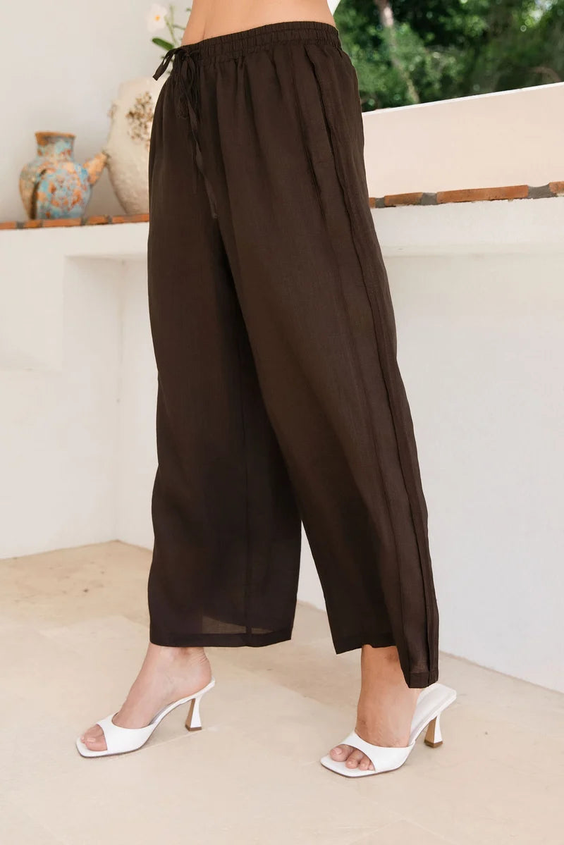 Elastic Waist Wide Leg Ramie Pant in espresso, featuring a relaxed wide-leg silhouette, elastic drawstring waist and lightweight, breathable fabric.