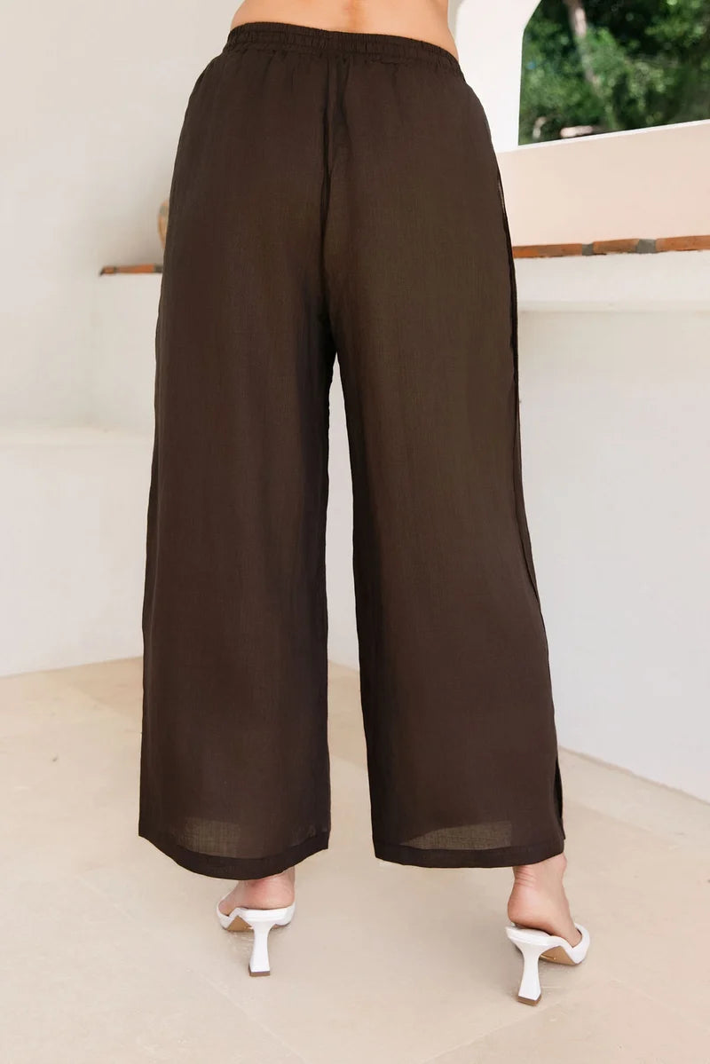 Elastic Waist Wide Leg Ramie Pant in espresso, featuring a relaxed wide-leg silhouette, elastic drawstring waist and lightweight, breathable fabric.