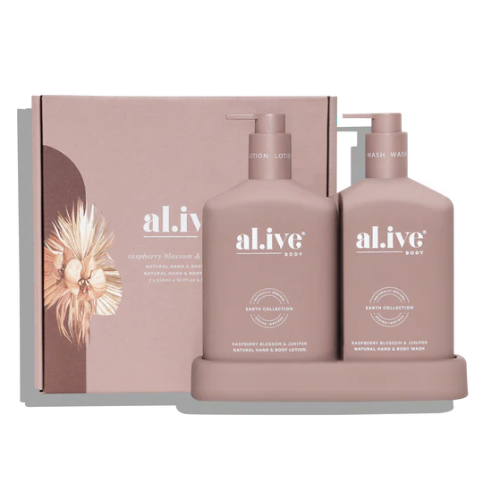 Alive Raspberry Blossom & Juniper Hand & Body Duo in Illuminated White featuring a 500ml hand and body wash and 500ml hand and body lotion in interlocking bottles with a matching tray.
