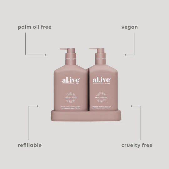 Alive Raspberry Blossom & Juniper Hand & Body Duo in Illuminated White featuring a 500ml hand and body wash and 500ml hand and body lotion in interlocking bottles with a matching tray.