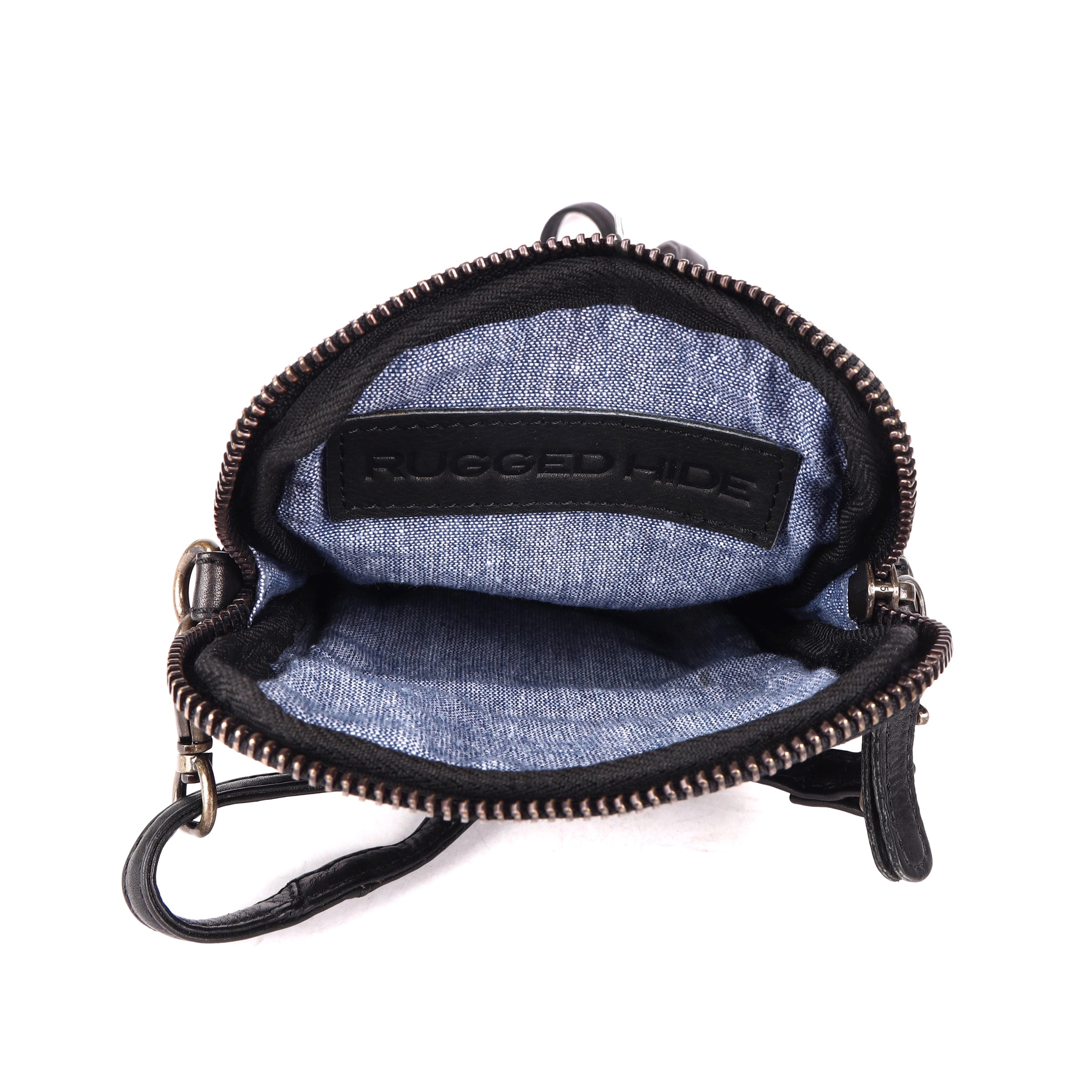 Rugged Hide Rosebery Phone Bag, a minimalist leather bag with a top zip closure, front sleeve pocket featuring a woven design, and an adjustable, removable long strap.