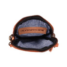 Rugged Hide Rosebery Phone Bag, a minimalist leather bag with a top zip closure, front sleeve pocket featuring a woven design, and an adjustable, removable long strap.