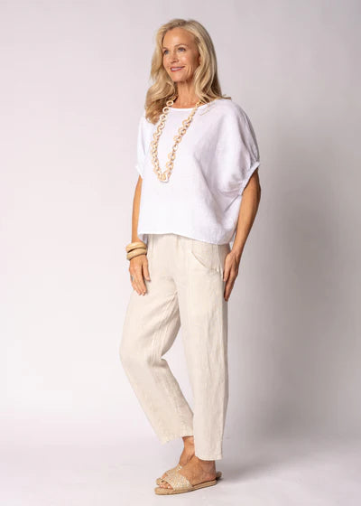 Solene Linen Top in white with a relaxed fit, round neckline, elasticated mid-length sleeves and a lightweight linen finish.