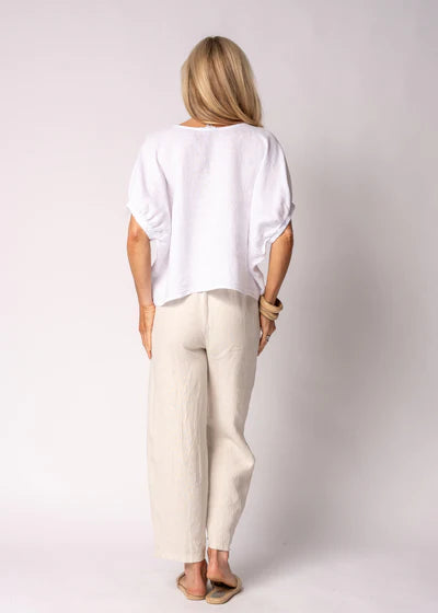 Solene Linen Top in white with a relaxed fit, round neckline, elasticated mid-length sleeves and a lightweight linen finish.