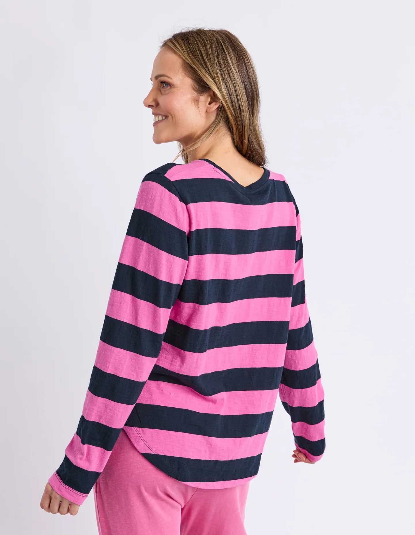 Women's long-sleeve striped top in vibrant coastal-inspired colours, crafted from soft 100% cotton slub jersey with a relaxed fit and mid-weight feel.