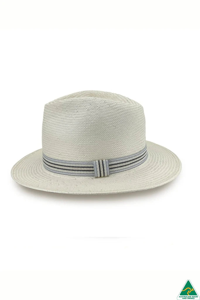 Stanton Glazed Straw Fedora in ivory with 6.5cm brim, 11cm crown, ivory-and-blue striped band, and ComfyFit adjustable internal band.