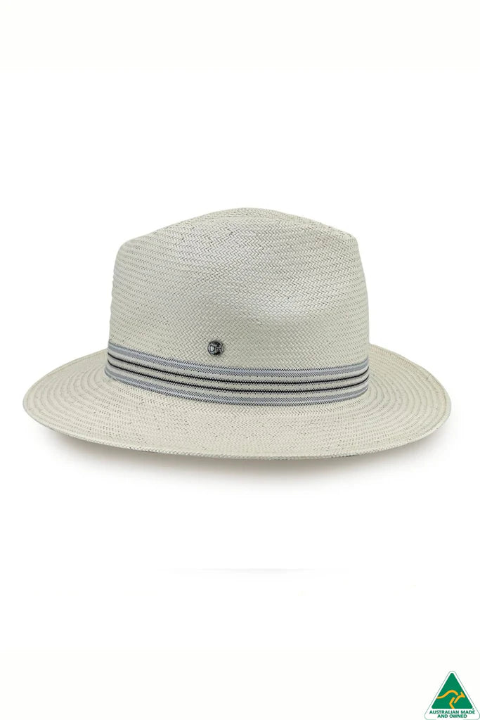 Stanton Glazed Straw Fedora in ivory with 6.5cm brim, 11cm crown, ivory-and-blue striped band, and ComfyFit adjustable internal band.
