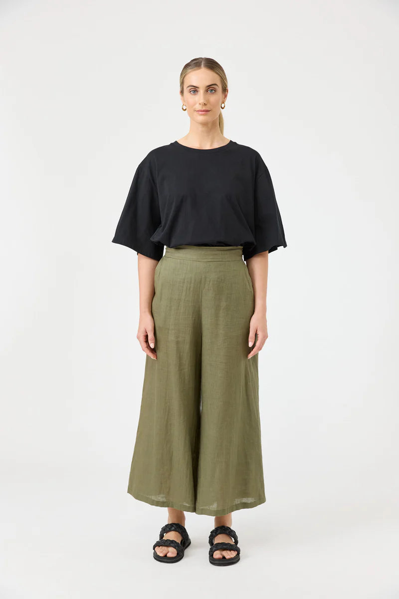 A pair of khaki wide-leg cropped linen pants with a relaxed fit, designed for a breathable and effortless summer look.