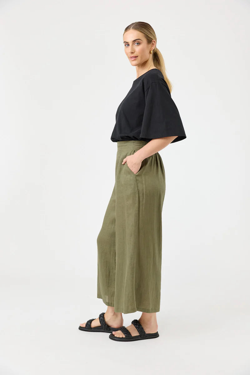 A pair of khaki wide-leg cropped linen pants with a relaxed fit, designed for a breathable and effortless summer look.