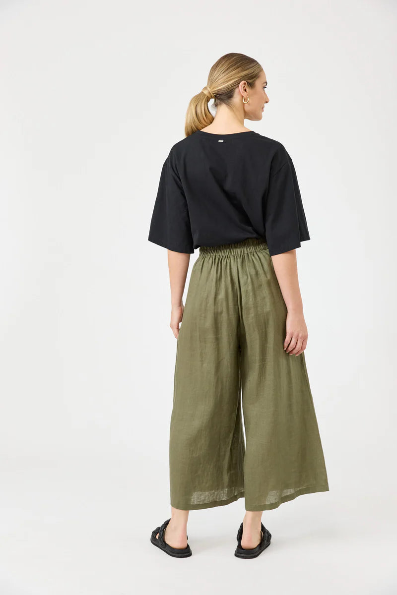 A pair of khaki wide-leg cropped linen pants with a relaxed fit, designed for a breathable and effortless summer look.