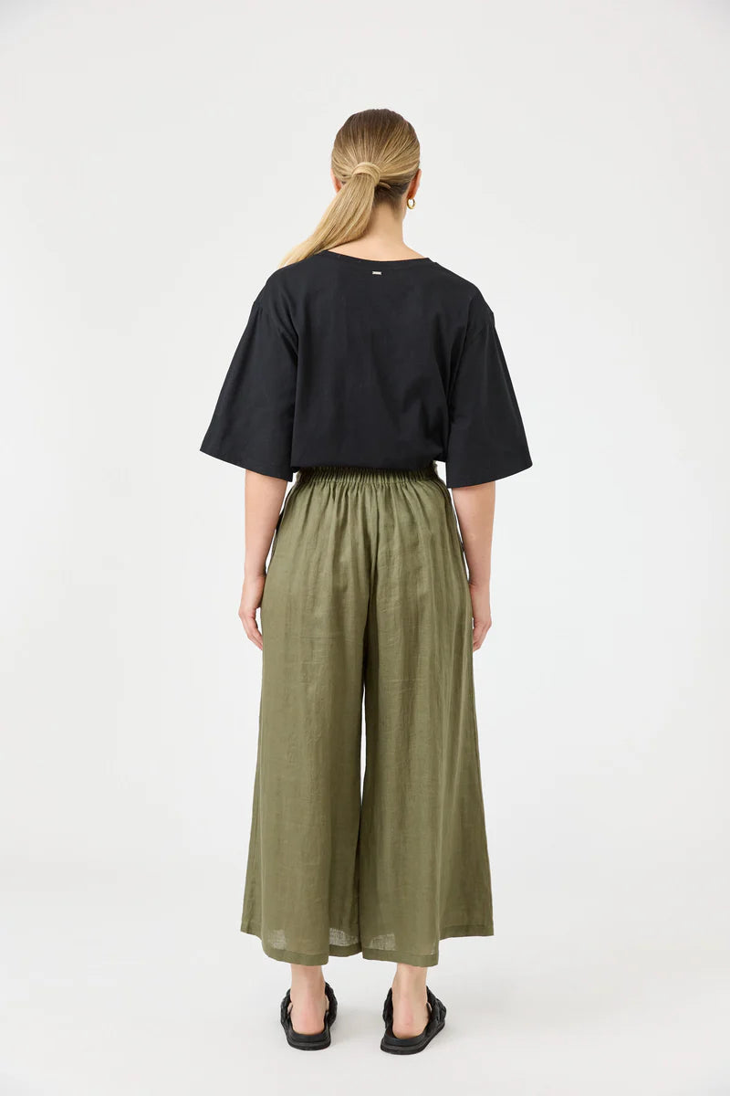 A pair of khaki wide-leg cropped linen pants with a relaxed fit, designed for a breathable and effortless summer look.