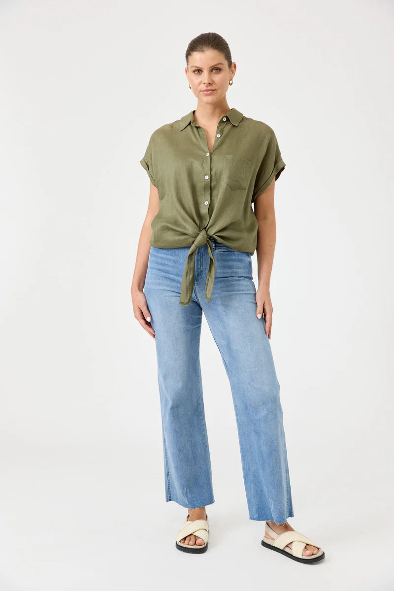 A khaki short-sleeve linen shirt with a classic collar, button-through front, and a stylish tie detail at the waist, designed for a relaxed yet elegant look.