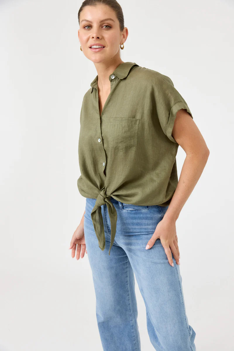 A khaki short-sleeve linen shirt with a classic collar, button-through front, and a stylish tie detail at the waist, designed for a relaxed yet elegant look.