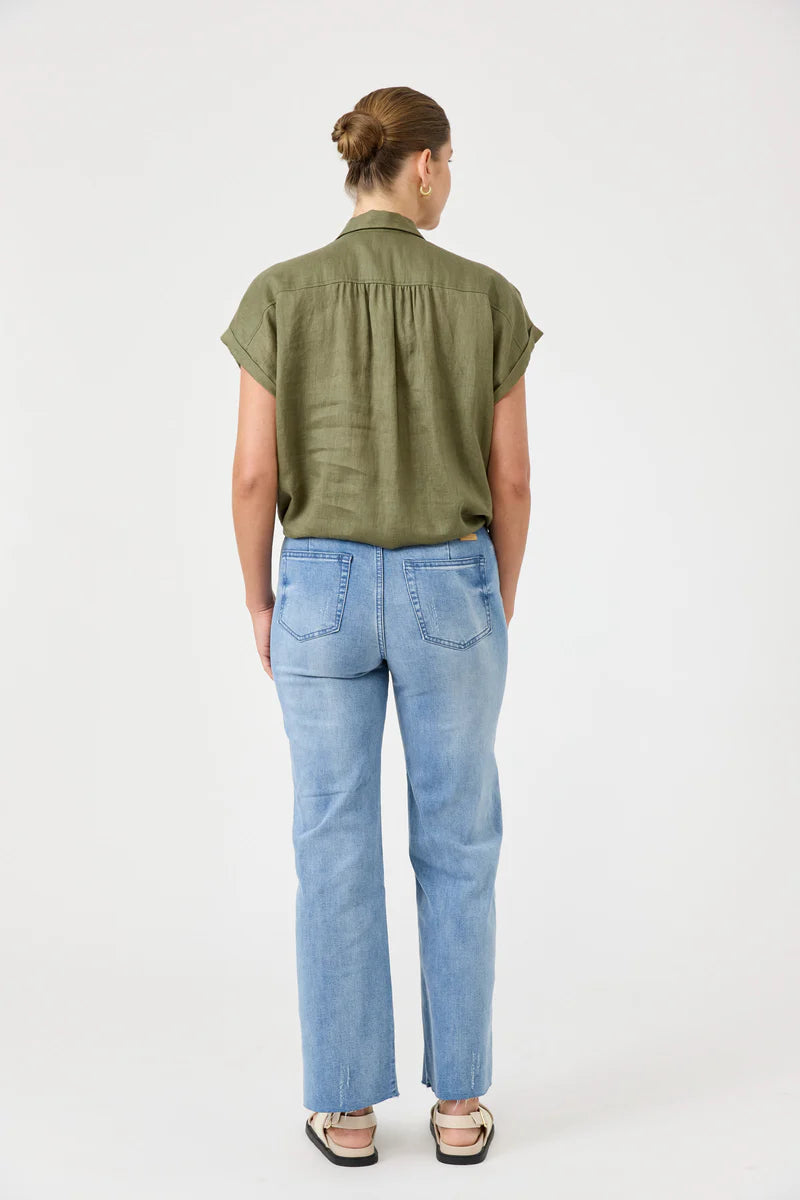 A khaki short-sleeve linen shirt with a classic collar, button-through front, and a stylish tie detail at the waist, designed for a relaxed yet elegant look.