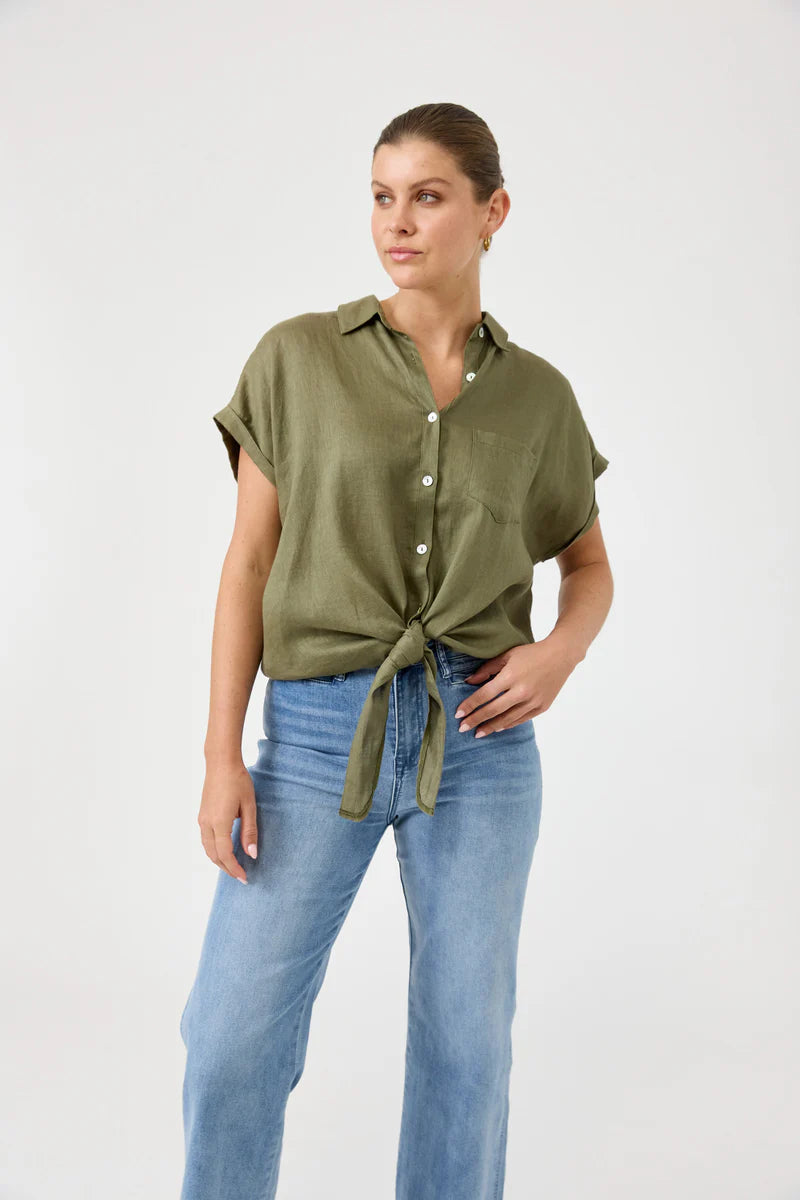 A khaki short-sleeve linen shirt with a classic collar, button-through front, and a stylish tie detail at the waist, designed for a relaxed yet elegant look.