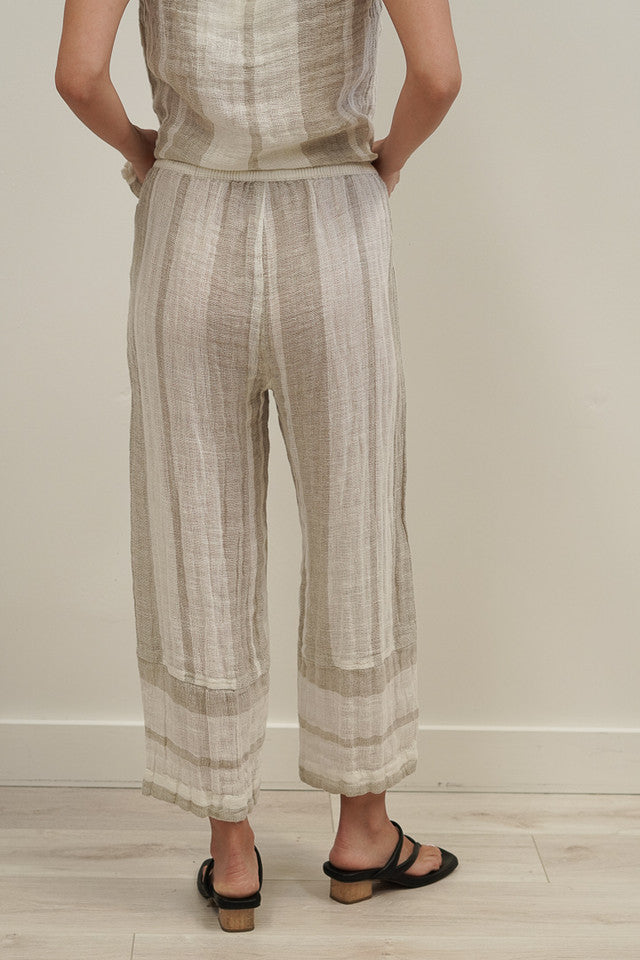 Tami Pant in natural stripy, 100% linen pant with elastic waistband and side pockets